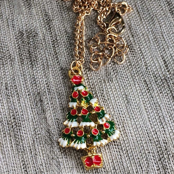 Christmas Tree Enamel Red, Green & White Necklace - Great Gift - Picture 2 of 6